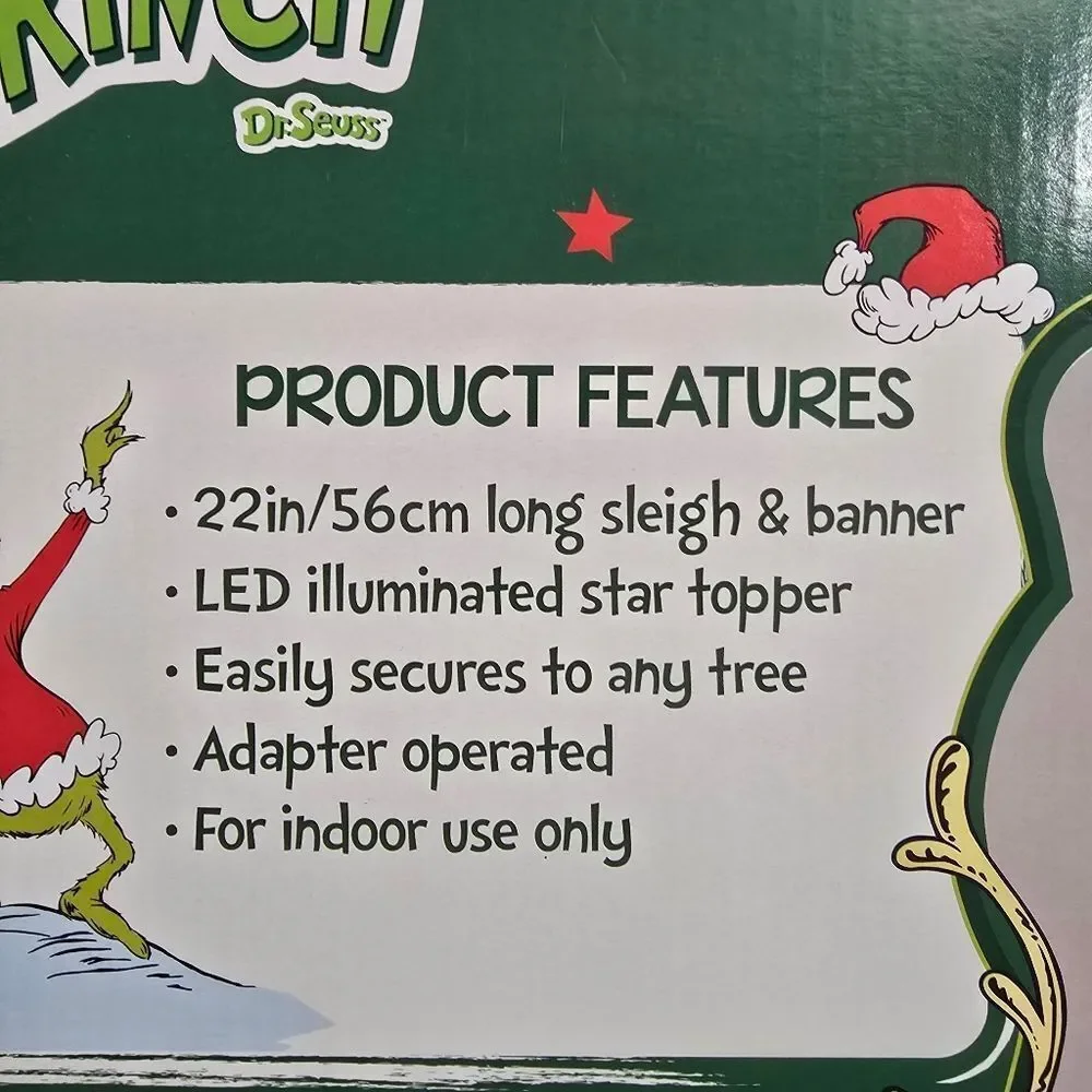 Mr. Christmas Animated Grinch Sleigh Tree Topper w Banner Merry Grinchmas New